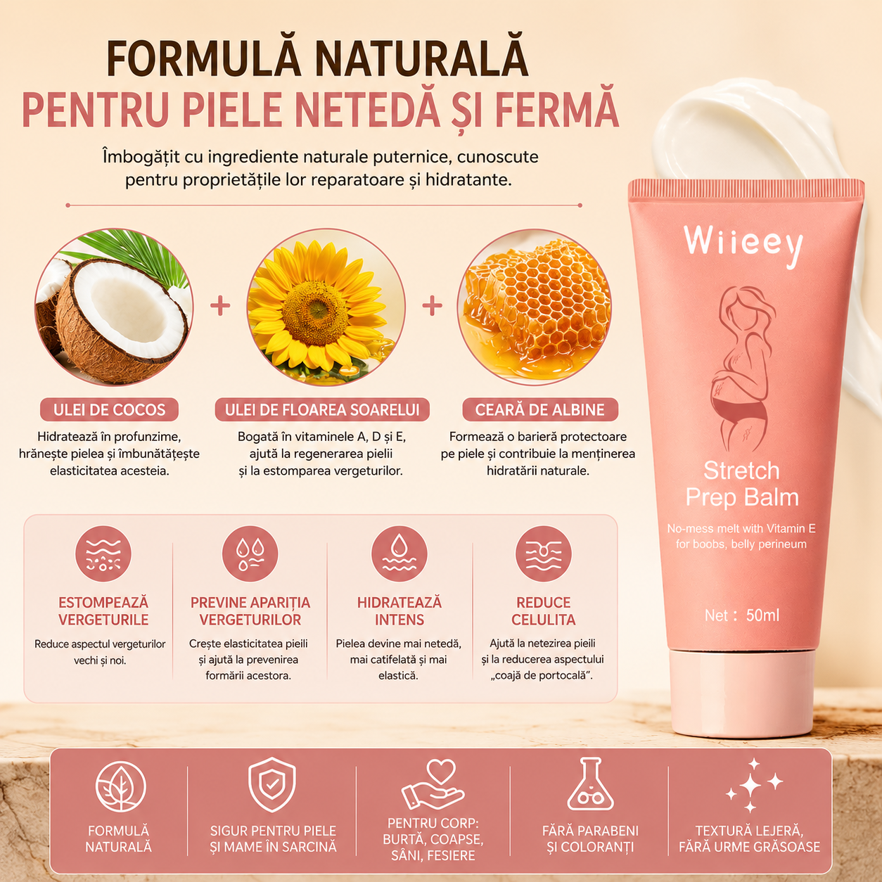 Crema Balsam Reparator pentru Vergeturi si Celulita— Previne și Estompează cu Formula Naturală din Ulei de Cocos, Floarea Soarelui și Ceară de Albine