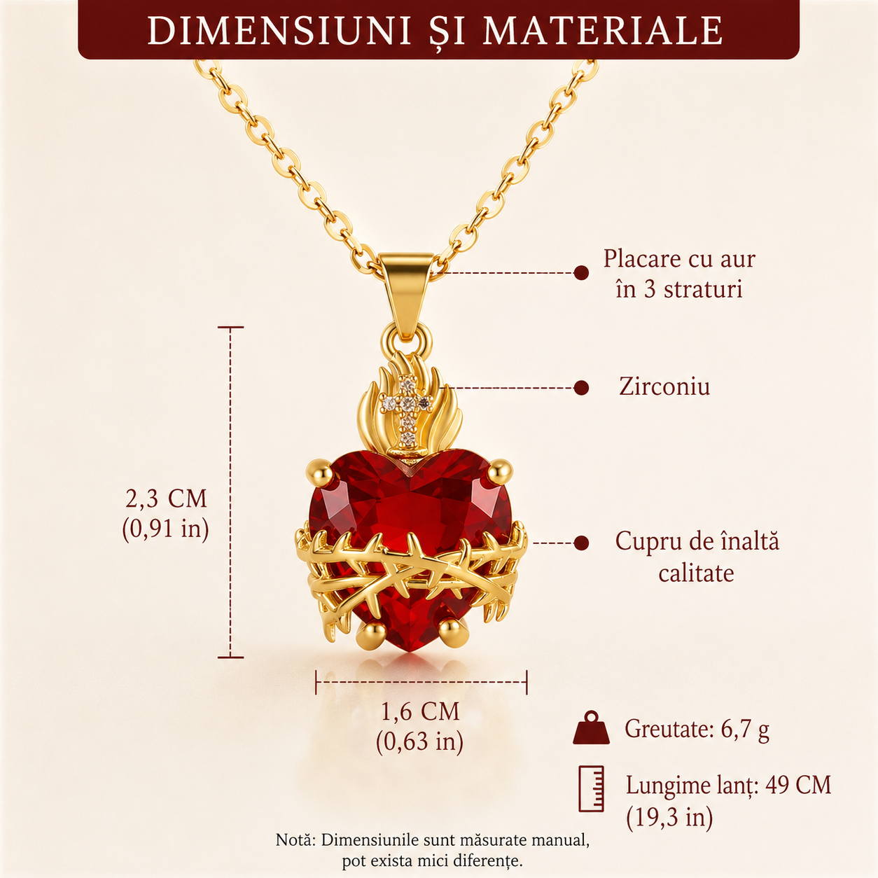 Colier Inima Sacră a lui Isus 18K — Cristal Roșu, Flacără de Aur și Coroană de Spini, Simbol al Iubirii Divine și al Ocrotirii