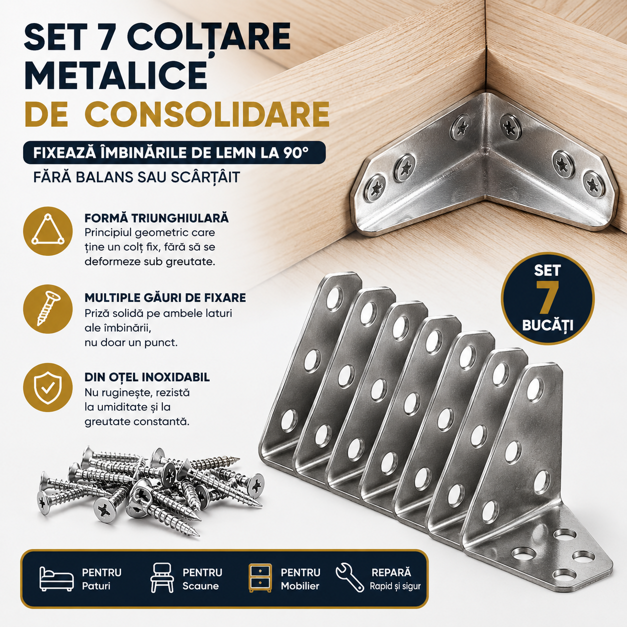 Set 7 Colțare Metalice de Consolidare — Fixează Îmbinările de Lemn la 90°, Fără Balans sau Scârțâit