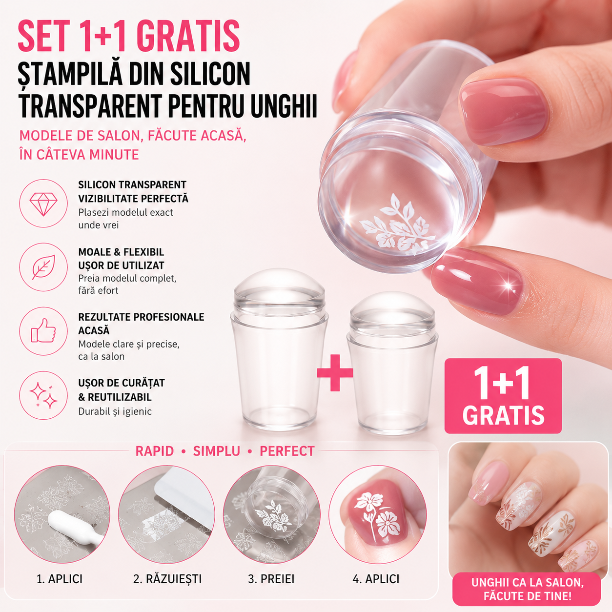 SET 1+1 GRATIS Ștampilă din Silicon Transparent pentru Unghii — Modele de Salon, Făcute Acasă, în Câteva Minute