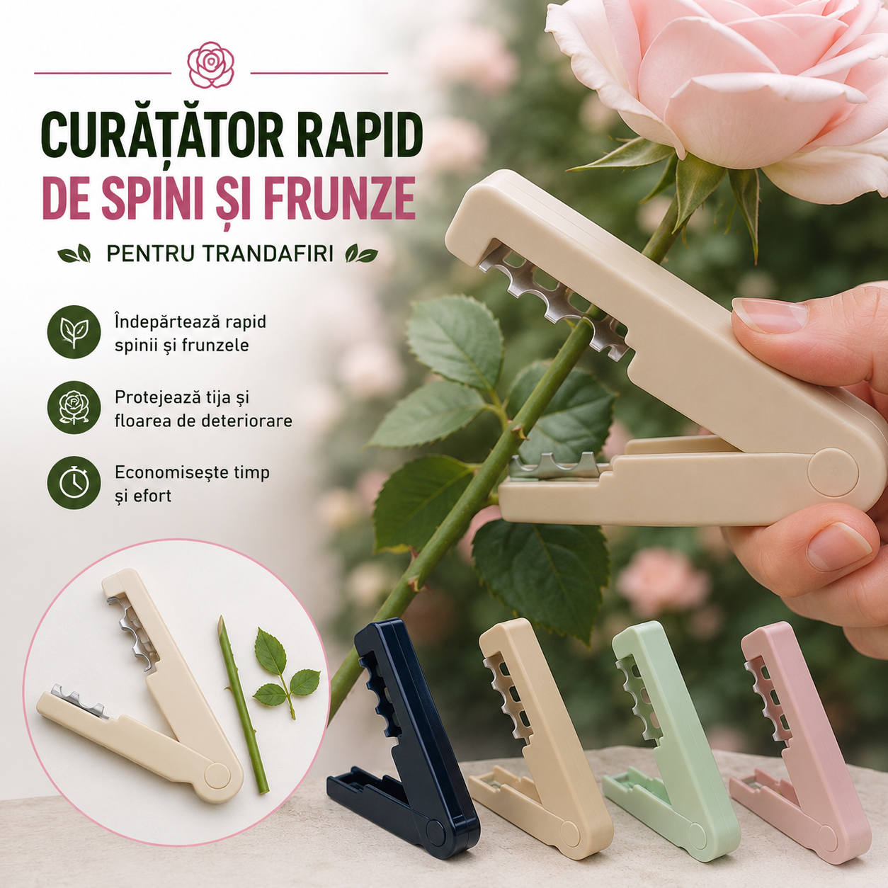 Curățător Rapid de Spini și Frunze pentru Trandafiri — Unealtă Practică pentru Florari și Aranjamente Florale