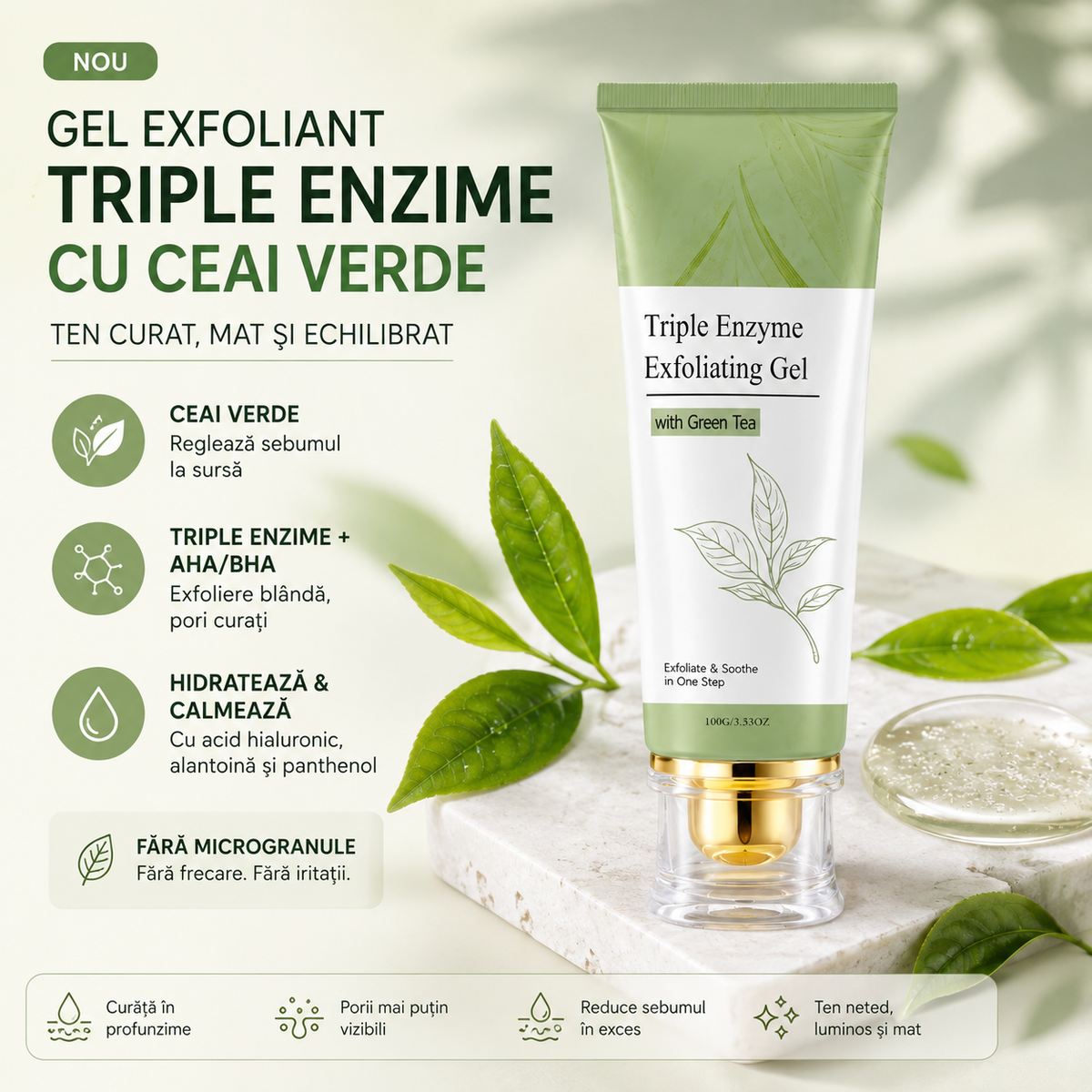 Gel Exfoliant Triple Enzime cu Ceai Verde — Reduce Sebumul în Exces și Înfundarea Porilor, pentru Ten Curat și Mat