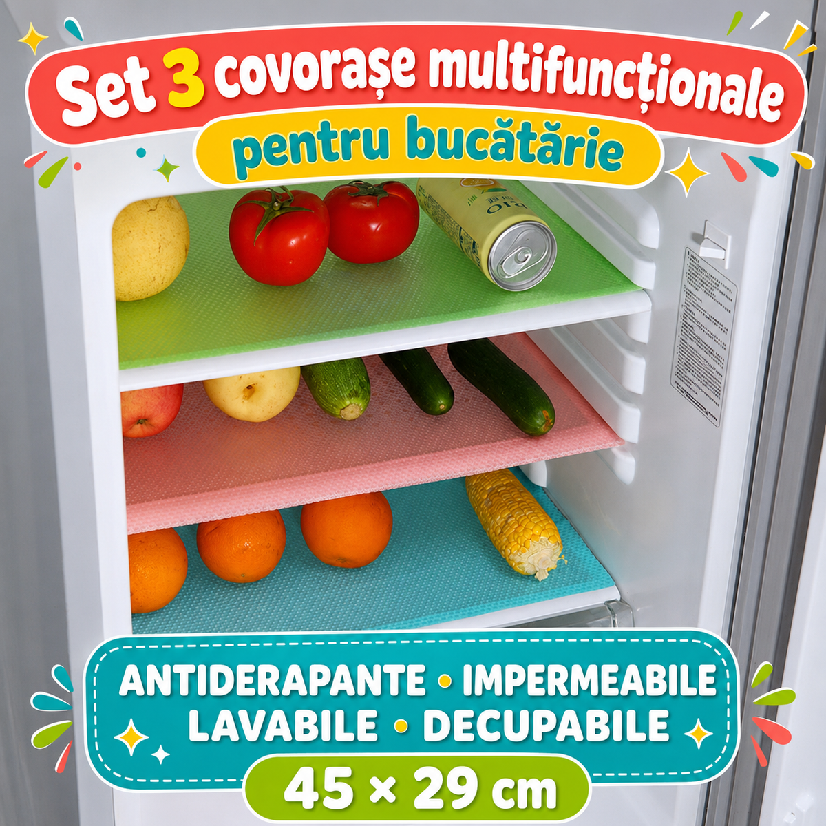 Set 3 Covorașe Multifuncționale pentru Bucătărie, Antiderapante și Impermeabile, Lavabile și Decupabile, 45 × 29 cm