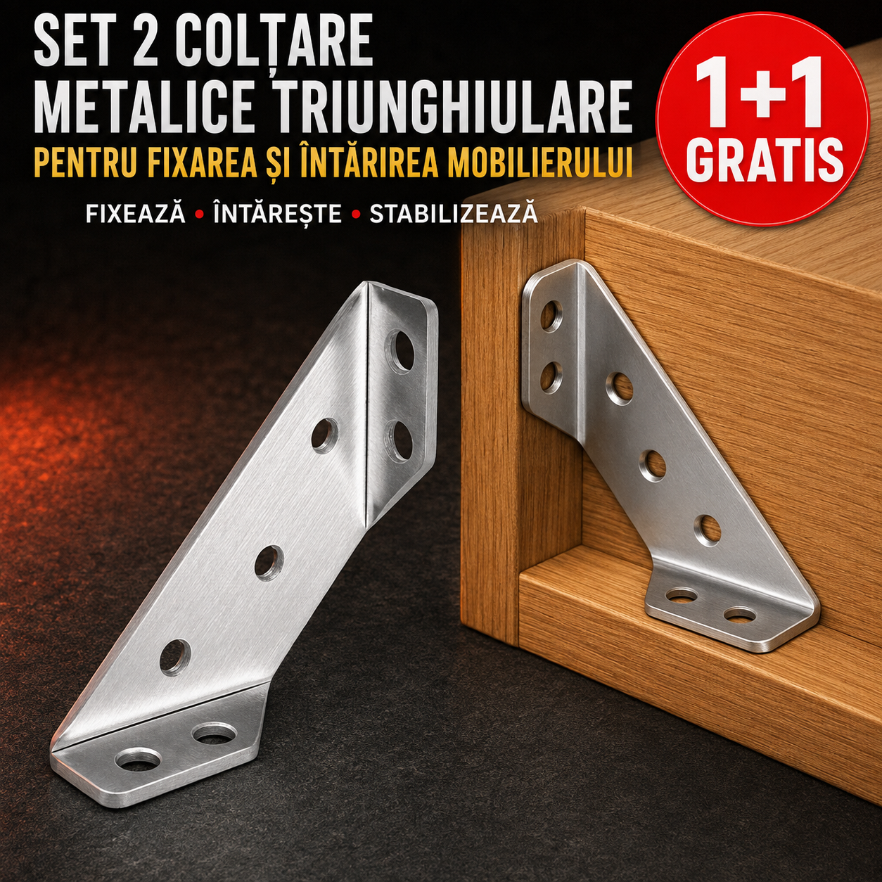 Set 2 Colțare Metalice Triunghiulare pentru Fixarea și Întărirea Mobilierului (1+1 gratis)