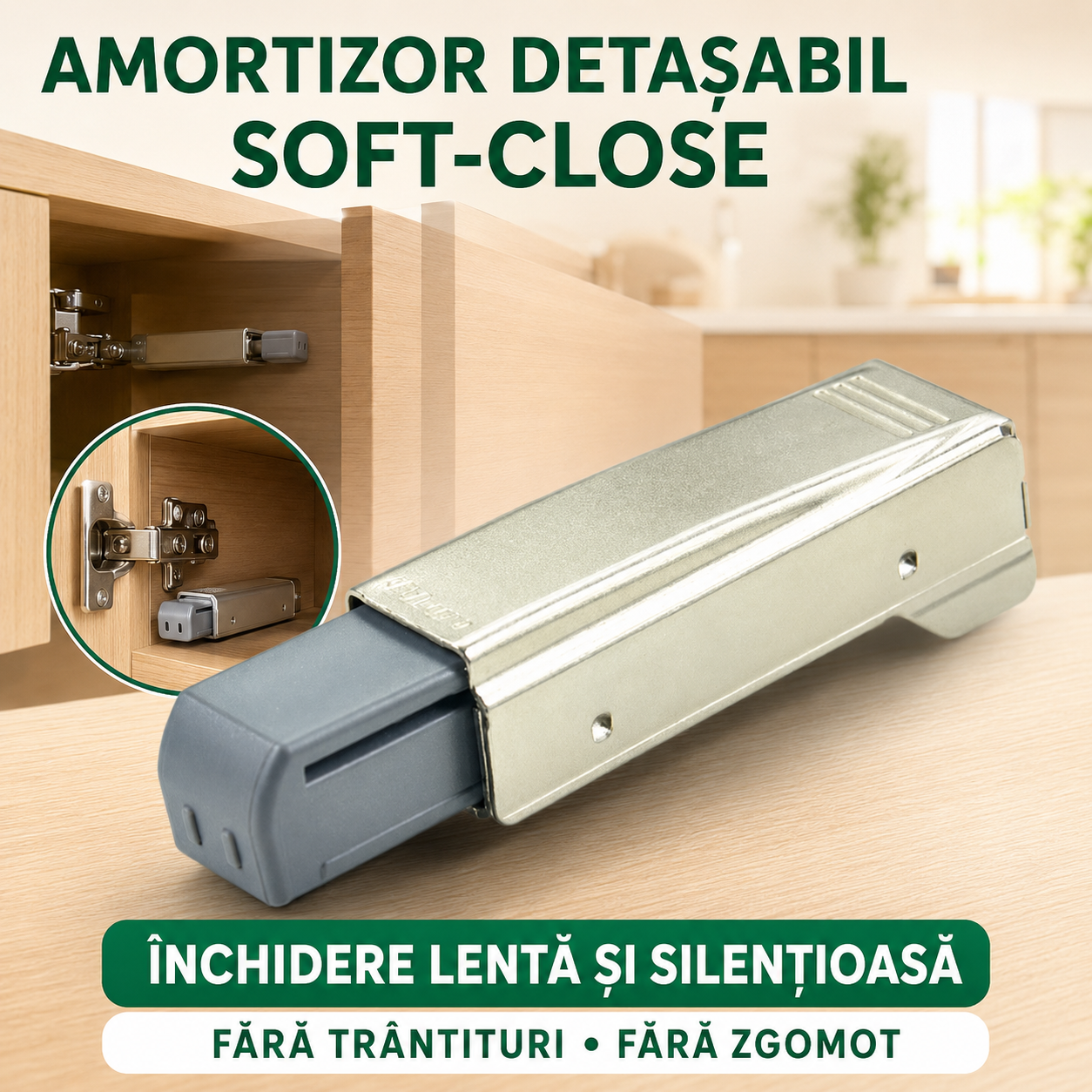 Amortizor detasabil pentru închiderea lentă și silențioasă a ușilor de mobilier („soft-close”)