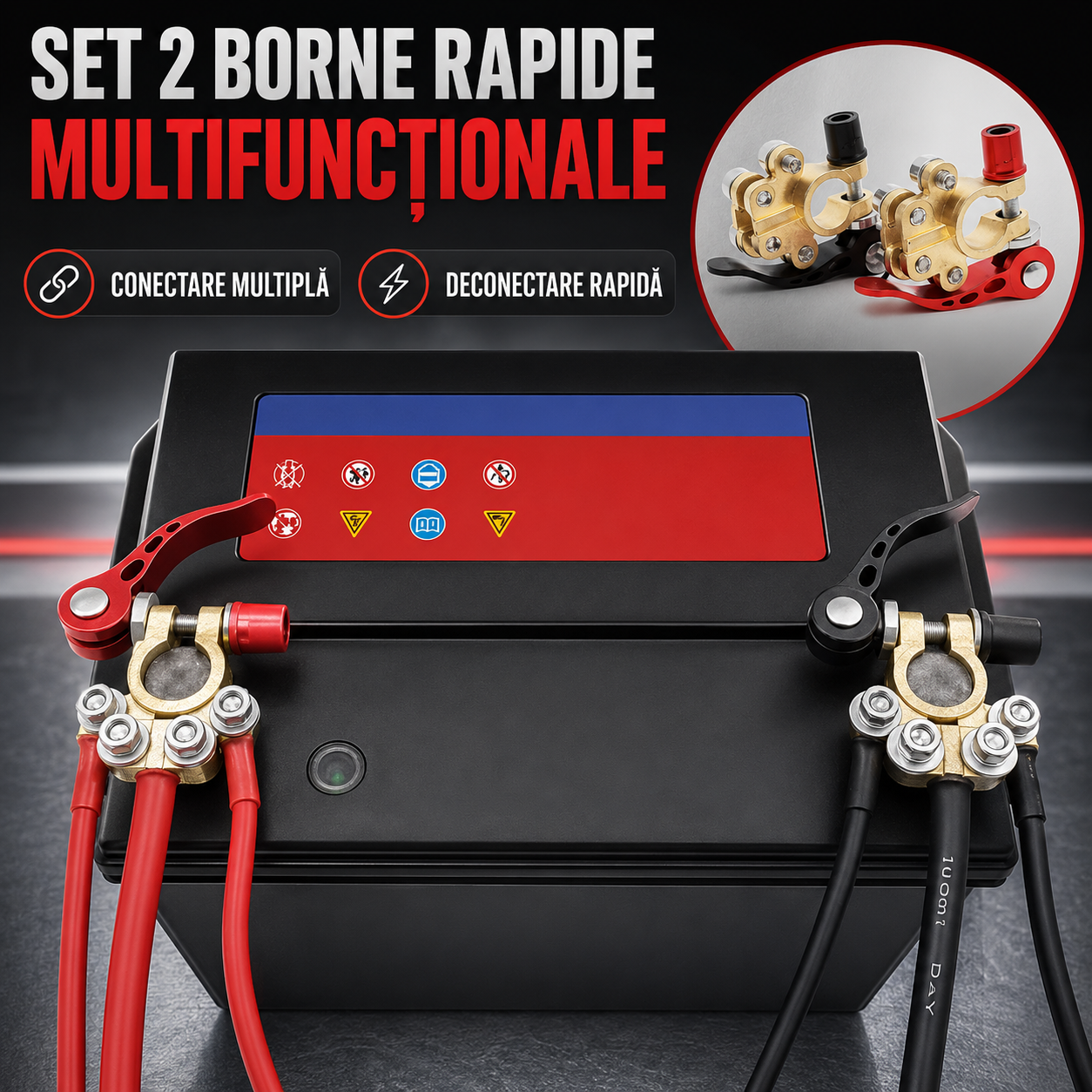 Set 2 Borne Rapide Multifuncționale pentru Baterie Auto, cu Conectare Multiplă și Deconectare prin Manetă (1+1 gratis)