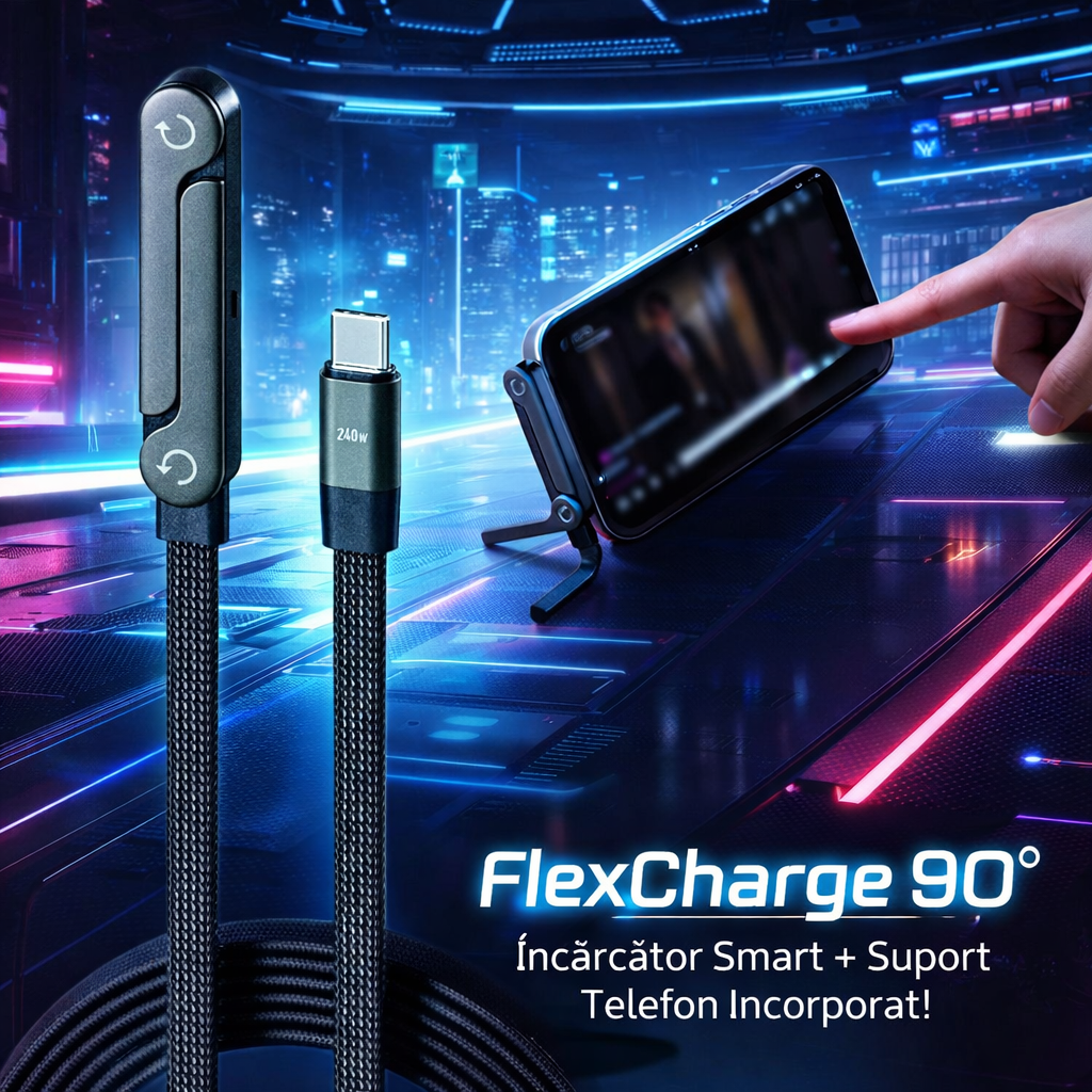 Încărcător Smart 90°+ Suport Telefon Incorporat ( 1.5 metri, 240W ) - Pentru orice model de telefon cu Type C