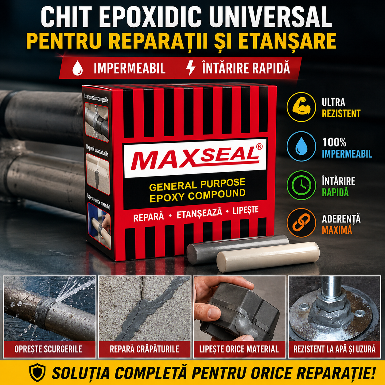 Chit Epoxidic Universal pentru Reparații și Etanșare – Impermeabil, cu Întărire Rapidă
