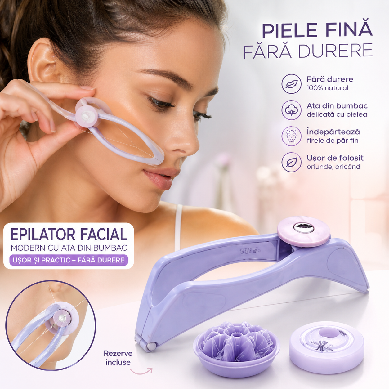 Epilator facial modern cu ata din bumbac usor si practic fara durere (rezerve incluse)
