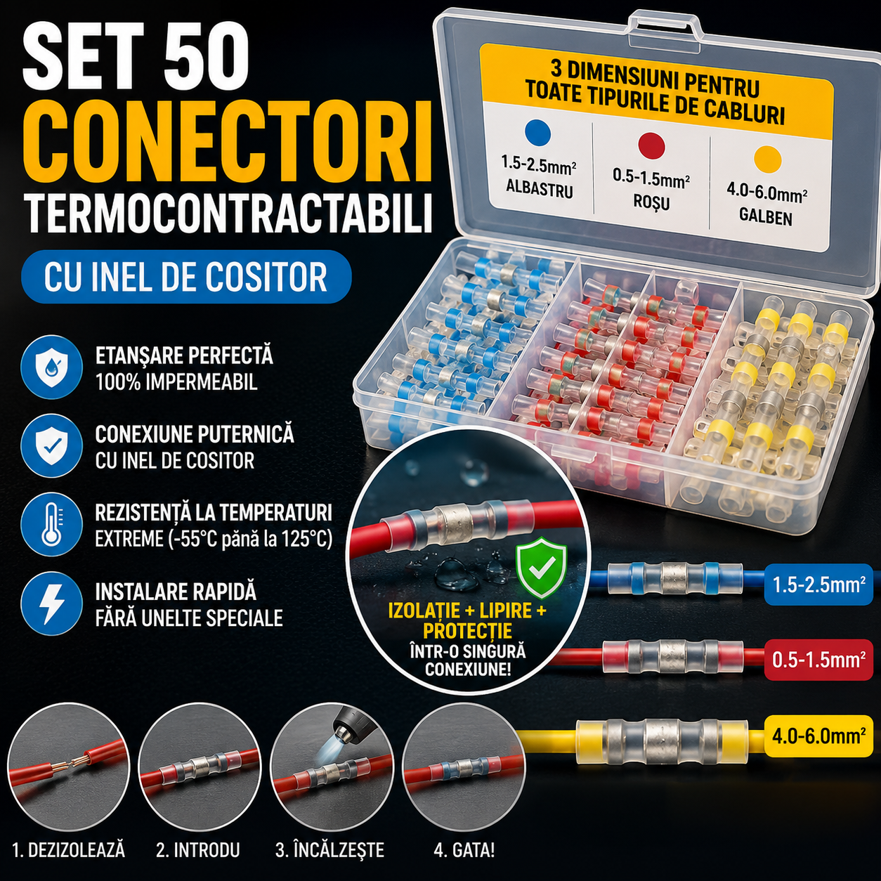 Set 50 conectori termocontractabili, cu inel de cositor, marimi diferite