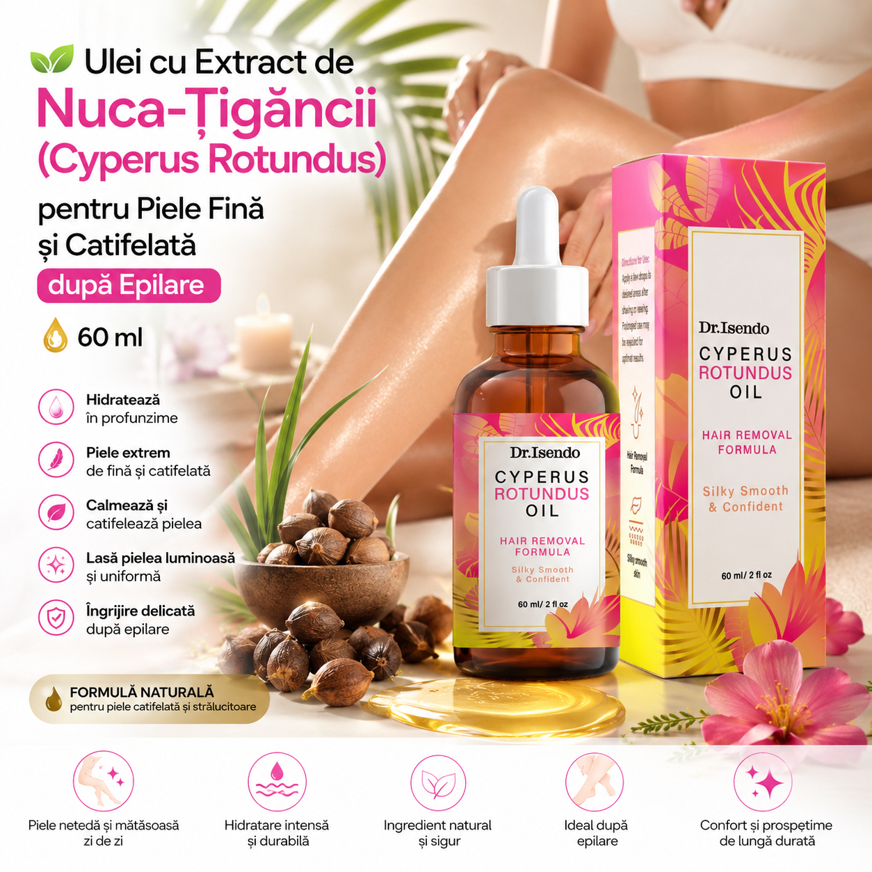 🌿 Ulei cu Extract de Nuca-Țigăncii (Cyperus Rotundus) pentru Piele Fină și Catifelată după Epilare