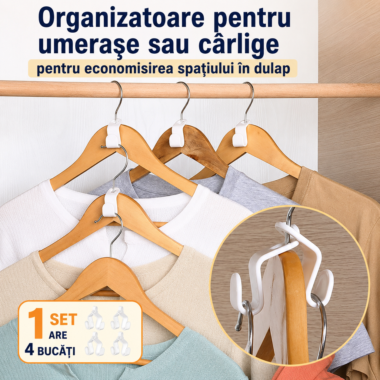 Set 4 Organizatoare pentru umerașe sau cârlige pentru economisirea spațiului în dulap