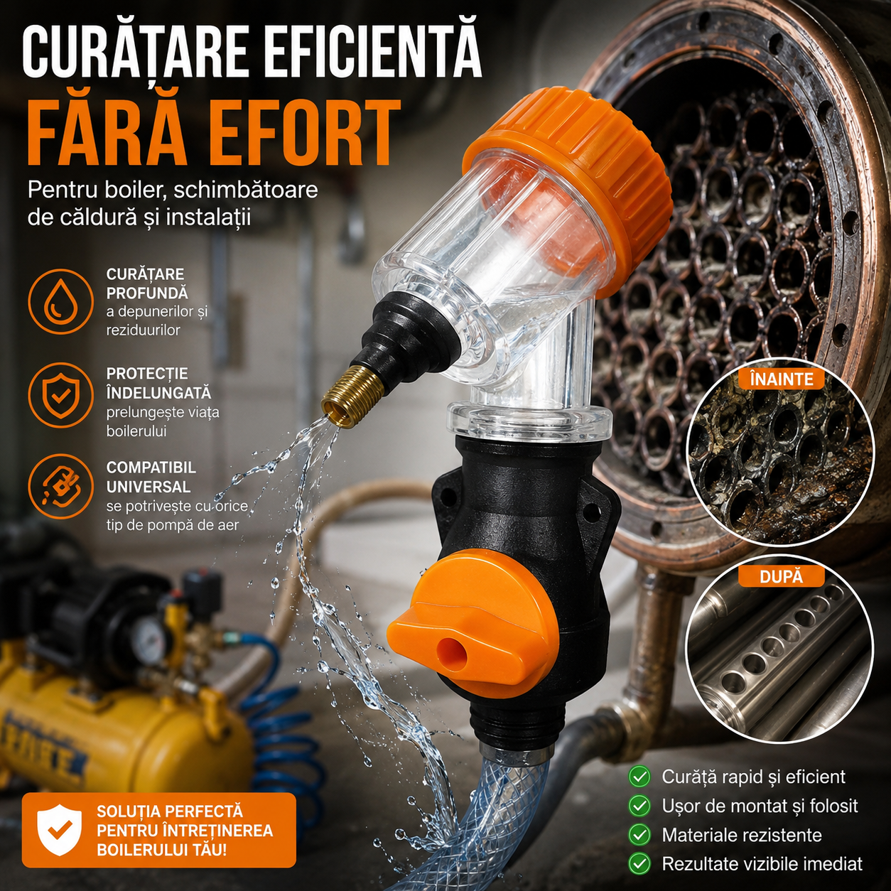 Unelte de curatare si spalare pentru boiler, compatibil cu orice tip de pompa de aer