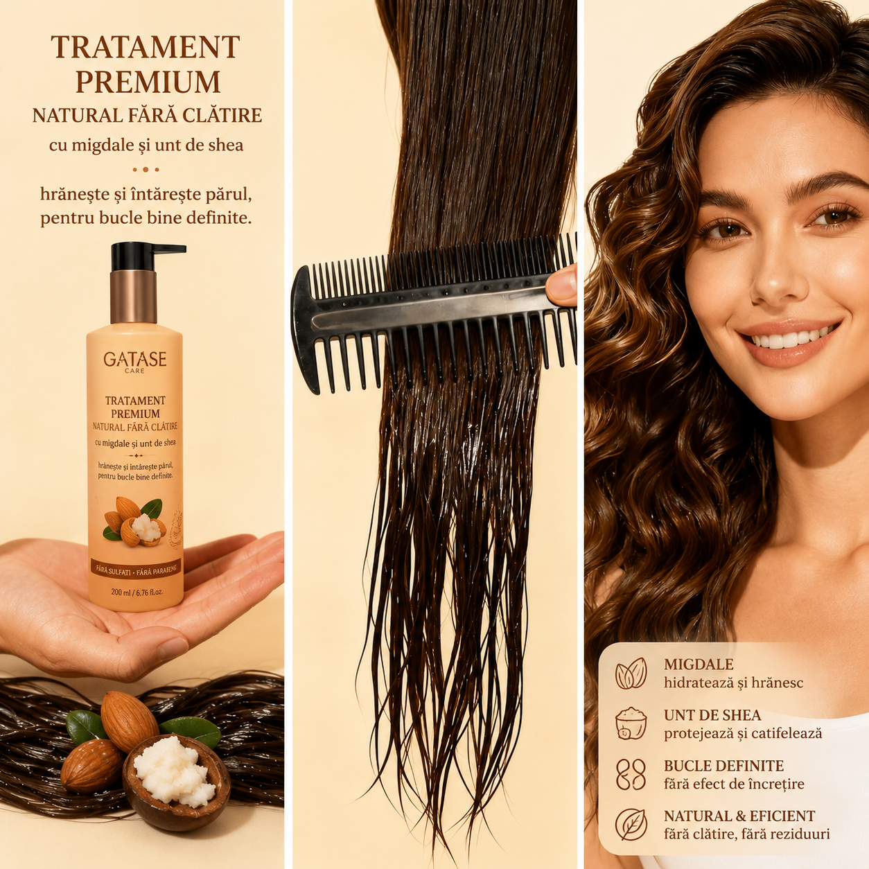 Tratament premium natural fără clătire pentru păr, cu migdale și unt de shea, hrănește și întărește părul, pentru bucle bine definite.