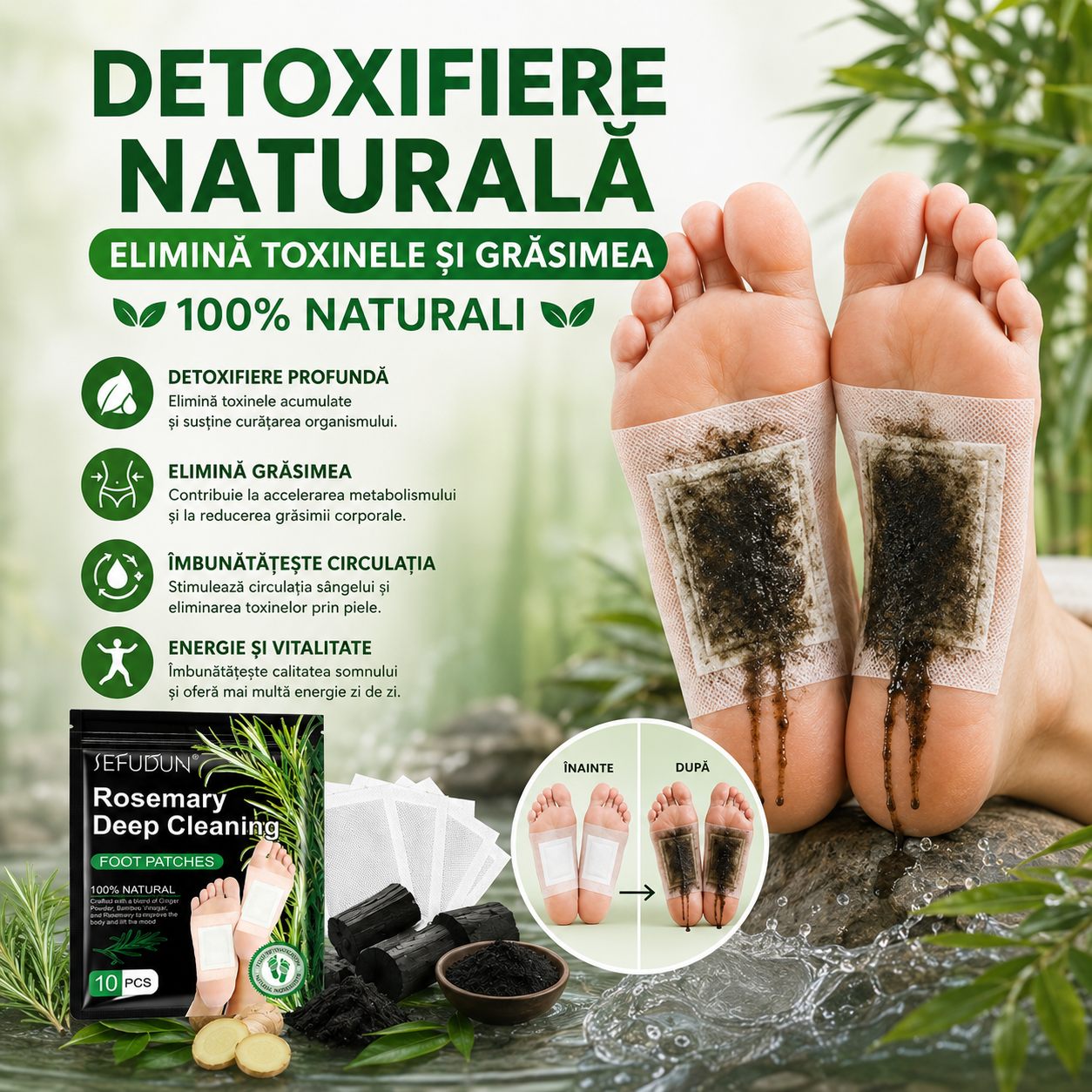 Set 10 Plasturi Detoxifiere cu Rozmarin si Ghimbir - Detoxifiere, Elimina Toxine si Grasimea, 100% Naturali
