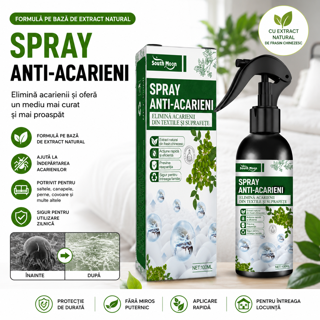 Spray Anti-Acarieni cu Extract de Frasin Chinezesc – Pentru Saltele, Canapele și Textile