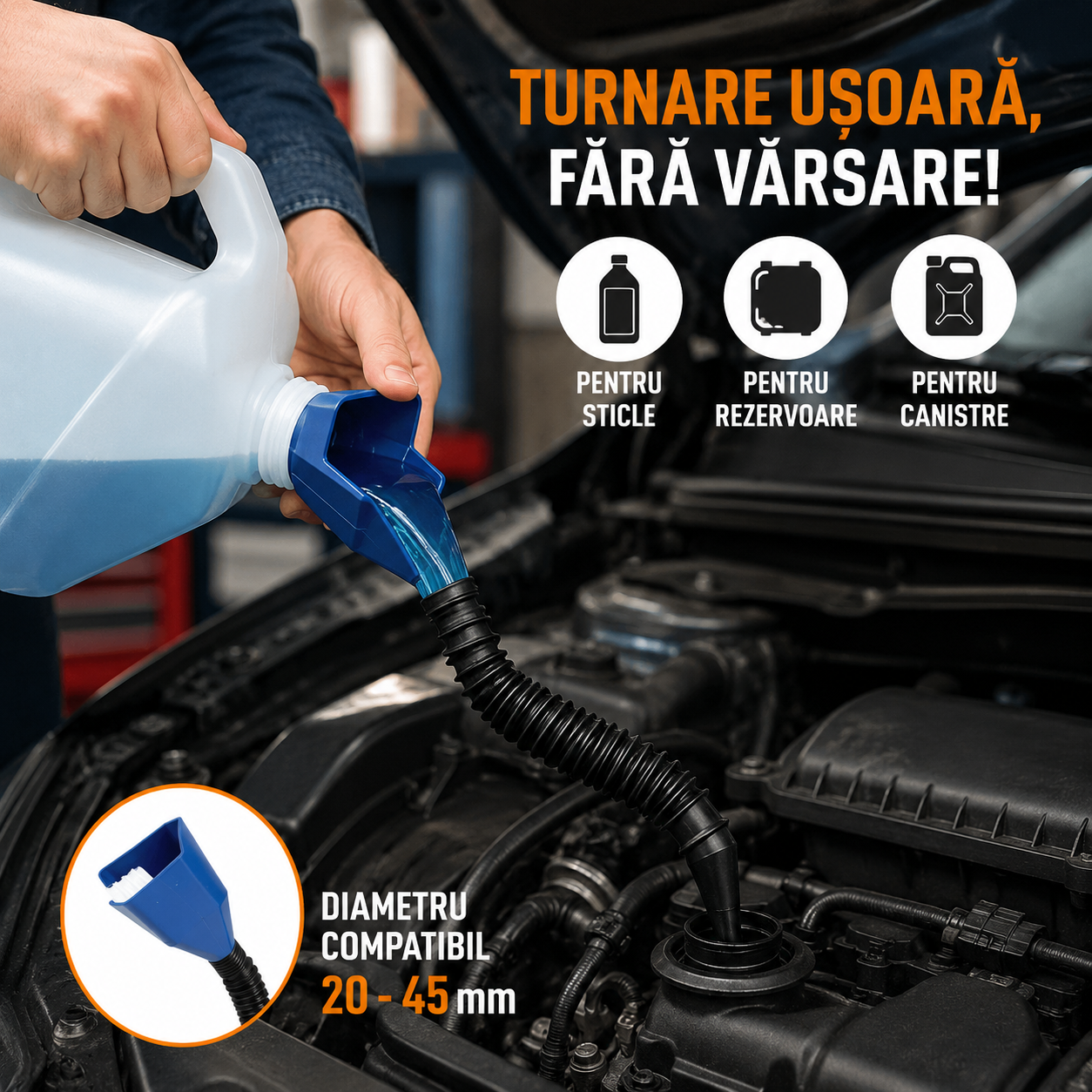 Palnie cu furtun flexibil care faciliteaza turnatul din sticle, rezervoare sau canistre cu diametrul gurii de 20 - 45 mm