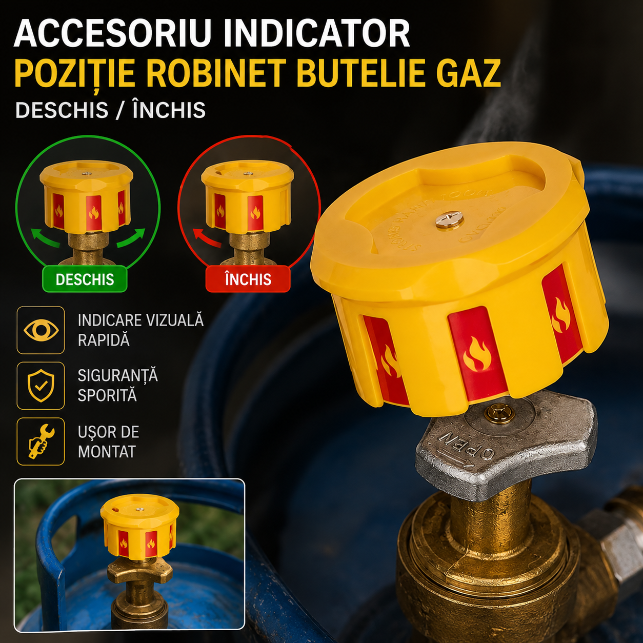 Accesoriu Indicator poziție robinet butelie gaz (Deschis/Închis)