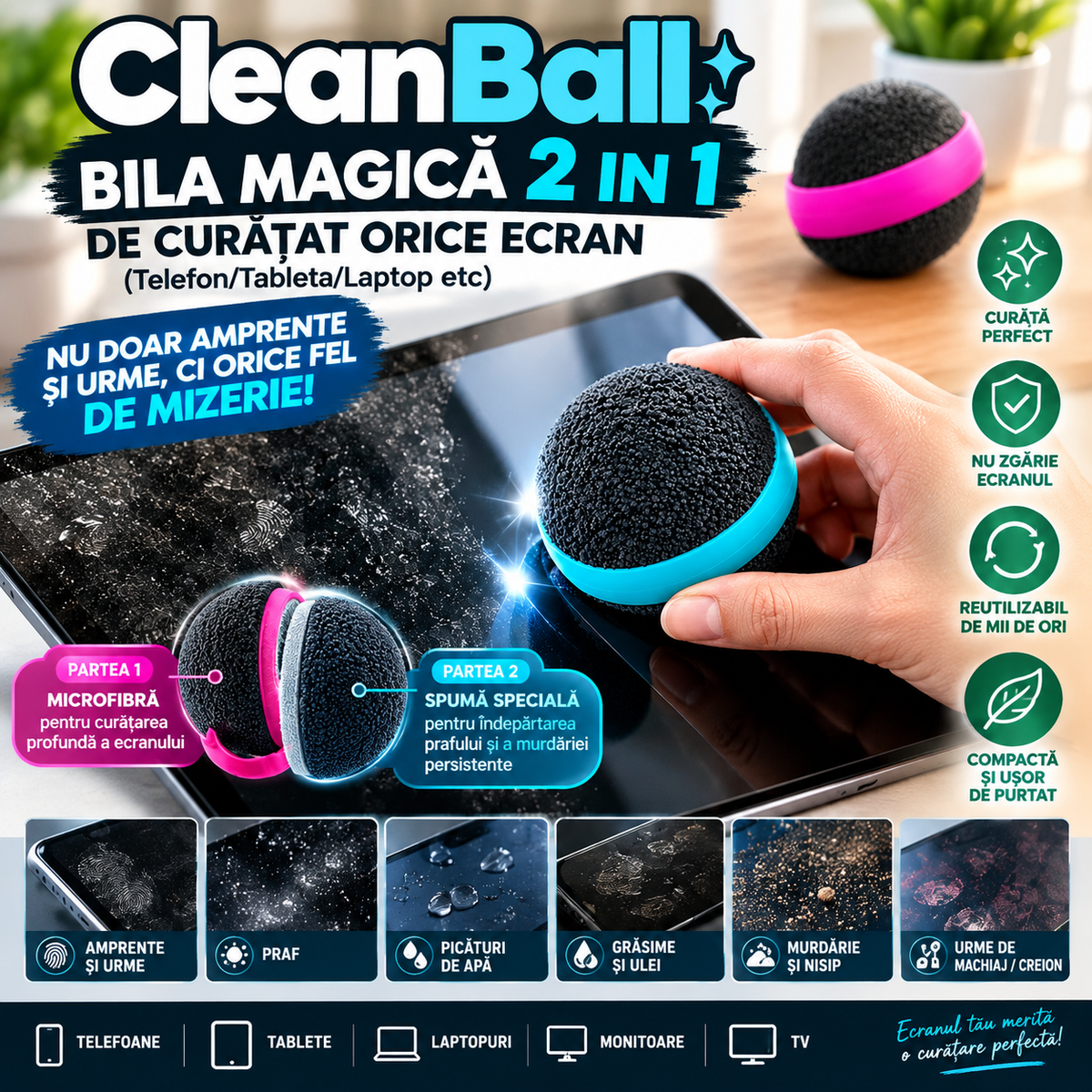CleanBall — Bila Magică 2 in 1 de Curățat Orice Ecran ( Telefon/Tableta/Laptop etc)