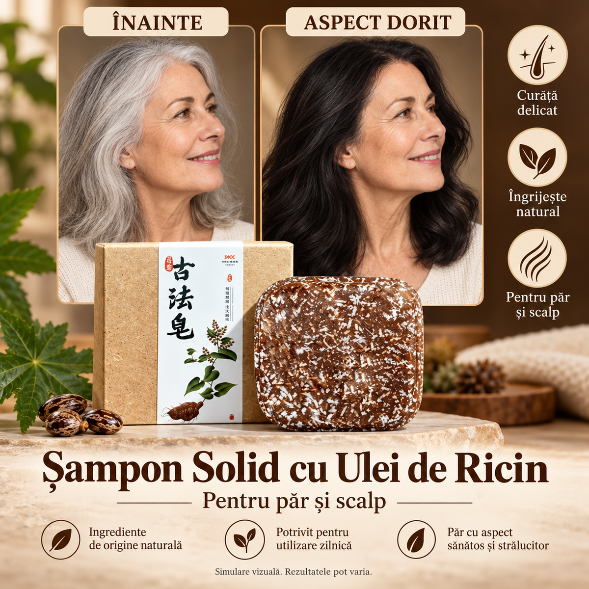 Șampon Japonez Solid cu Ulei de Ricin pentru Păr și Scalp – Îngrijirea Părului Cărunt și Revitalizarea Aspectului Culorii Naturale
