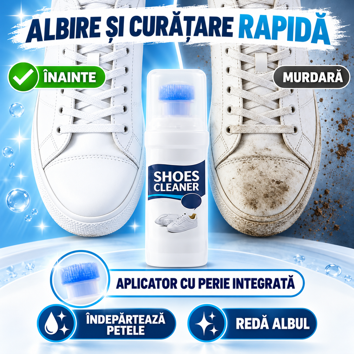 Soluție cu aplicator pentru curățarea și albirea încălțămintei albe, prevăzut cu o perie integrată.