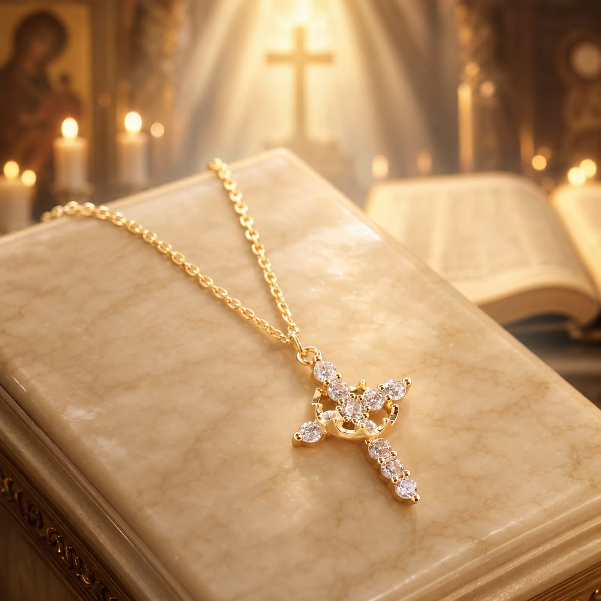 ✝Lanțișor Auriu Crucea Si Coroana Sfanta A Lui Iisus Hristos