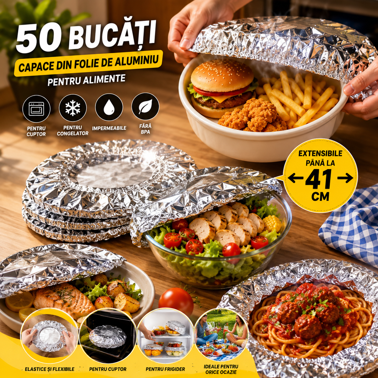 Set 50 De Folii De Aluminiu Tip Capac, Reutilizabile, Extrem De Rezistente, Marime Extensibila pana la 41CM