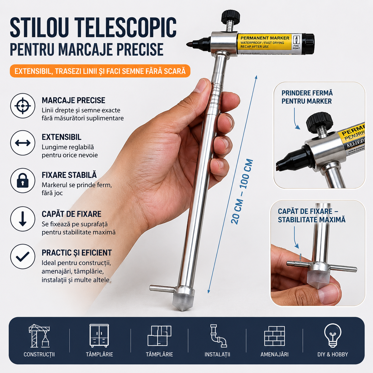 Stilou Telescopic pentru Marcaje Precise— Extensibil, Trasezi Linii și Faci Semne Fără Scară