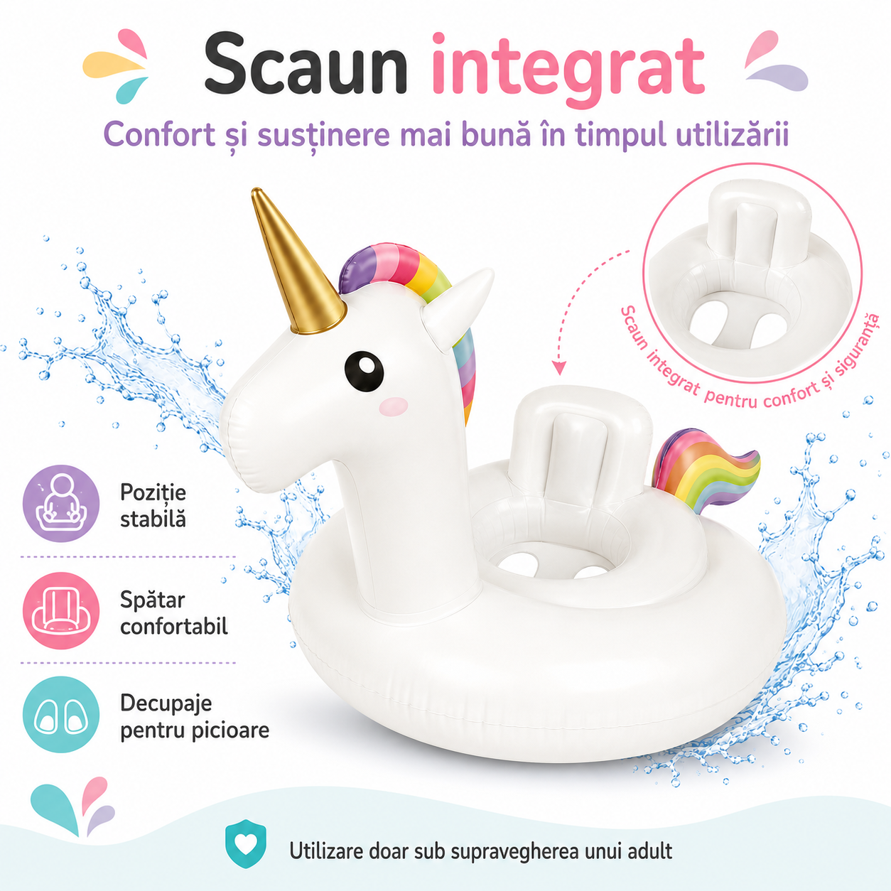 Colac Gonflabil pentru Copii cu Scaun – Model Unicorn, 70 cm