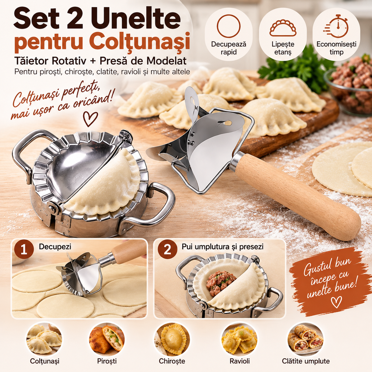 Set 2 Unelte pentru Colțunași — Tăietor Rotativ și Presă de Modelat, pentru Piroști, Chiroște, Clatite, Ravioli etc