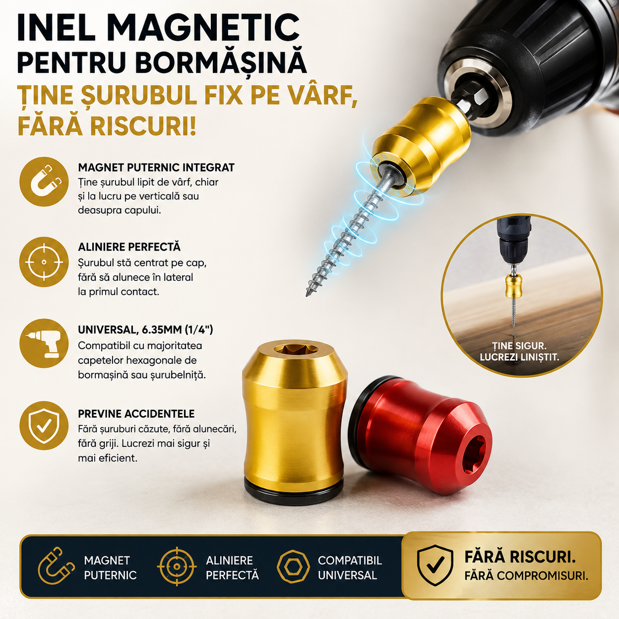 Inel Magnetic pentru Bormaşină — Ține Șurubul Fix pe Vârf, Fără Riscuri