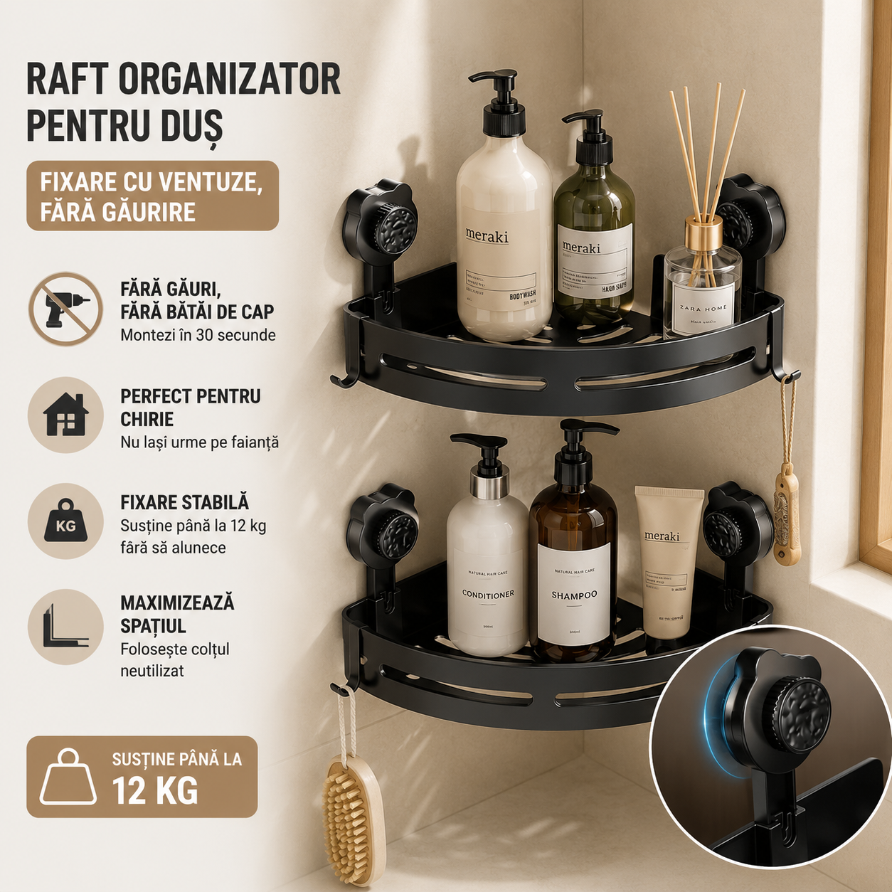 Raft Organizator pentru Duș – Fixare cu Ventuze, Fără Găurire