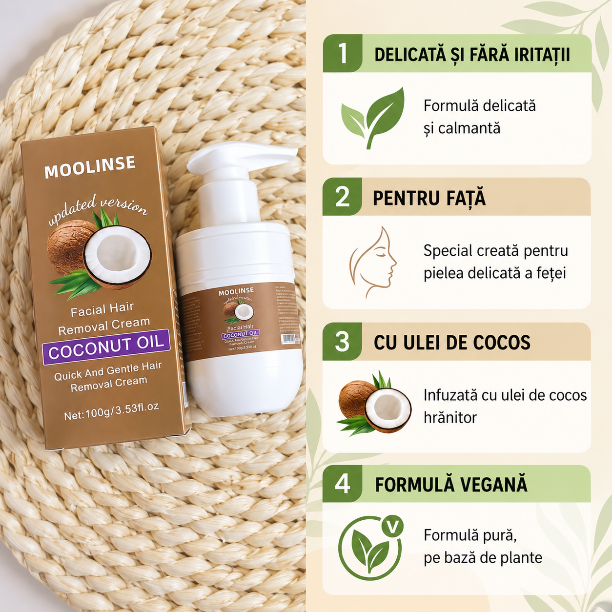 Crema cu Ulei de Cocos pentru Epilare — Îndepărtarea Părului Fără Durere, Fără Roșeață și Fără Iritații, Acasă în 5 Minute