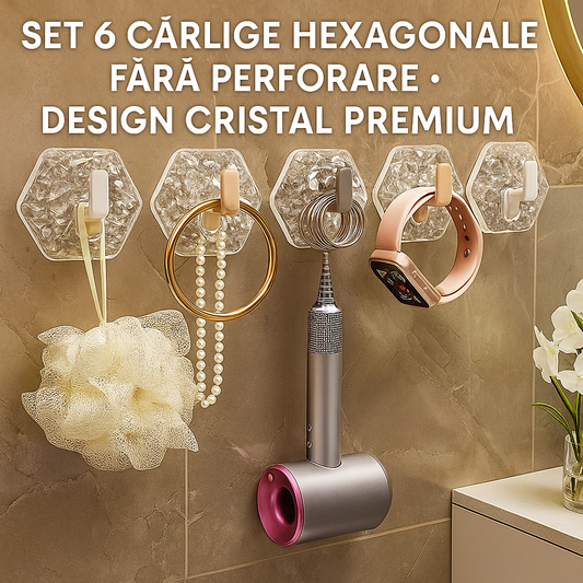 Set 6 Carlige Hexagonale Fără Perforare – Design Cristal Premium, Modern și Elegant pentru Orice Casă