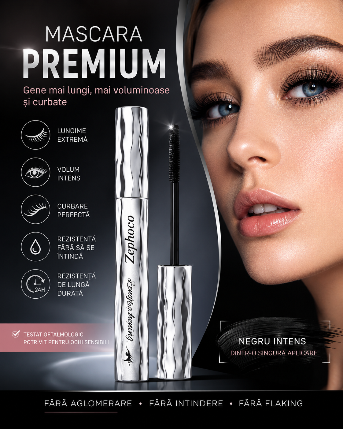 Mascara Premium — Gene Mai Lungi, Mai Voluminoase, Curbate și Rezistente, Fără să Se Întindă