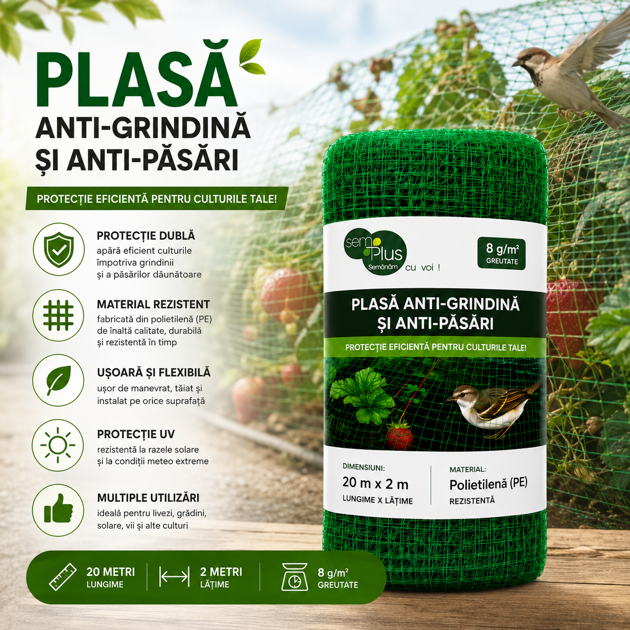 Plasa anti-grindina si anti-pasari lungime 20 metri, latime 2 metri, greutate 8 grame/metru patrat