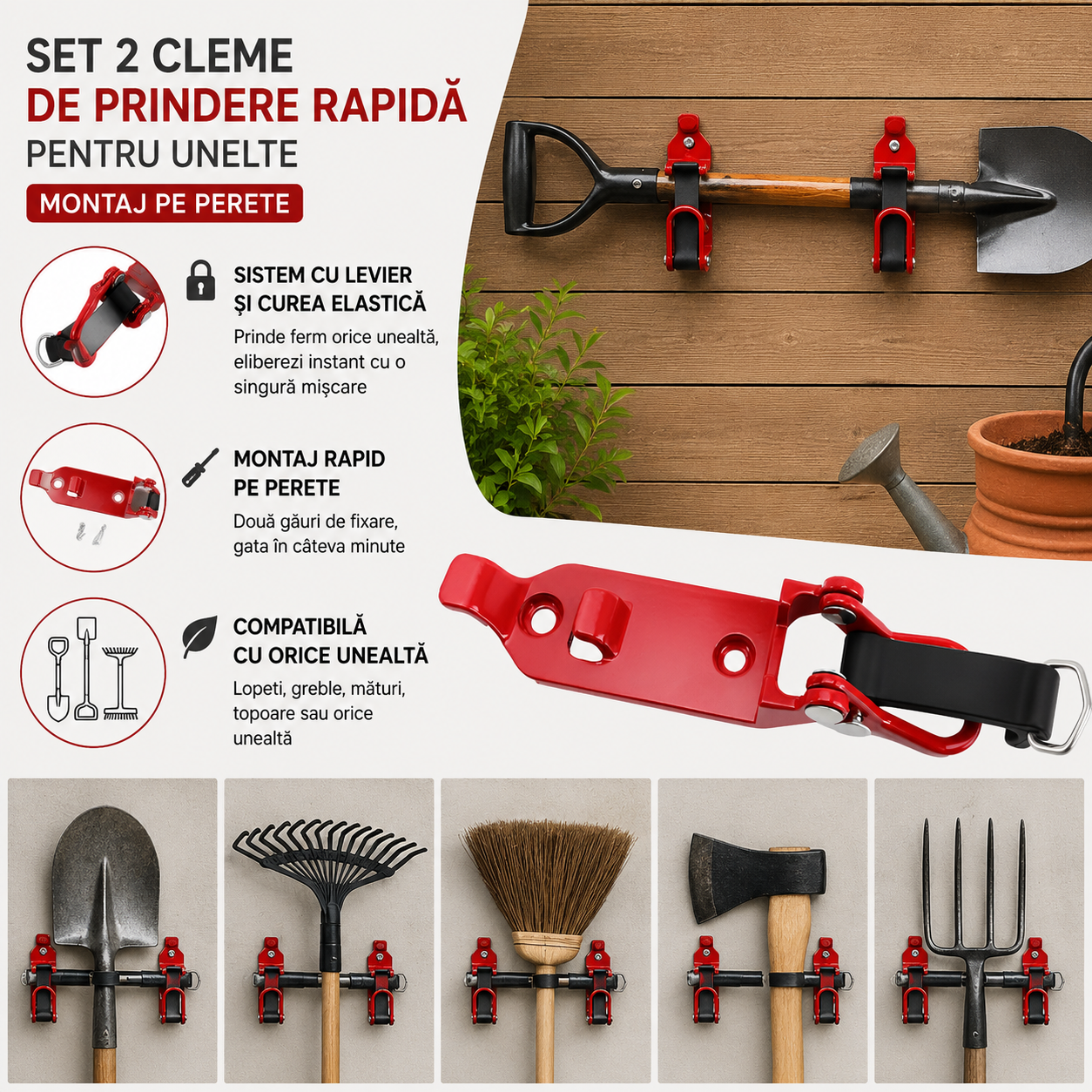Set 2 Cleme de Prindere Rapidă pentru Unelte — Montaj pe Perete