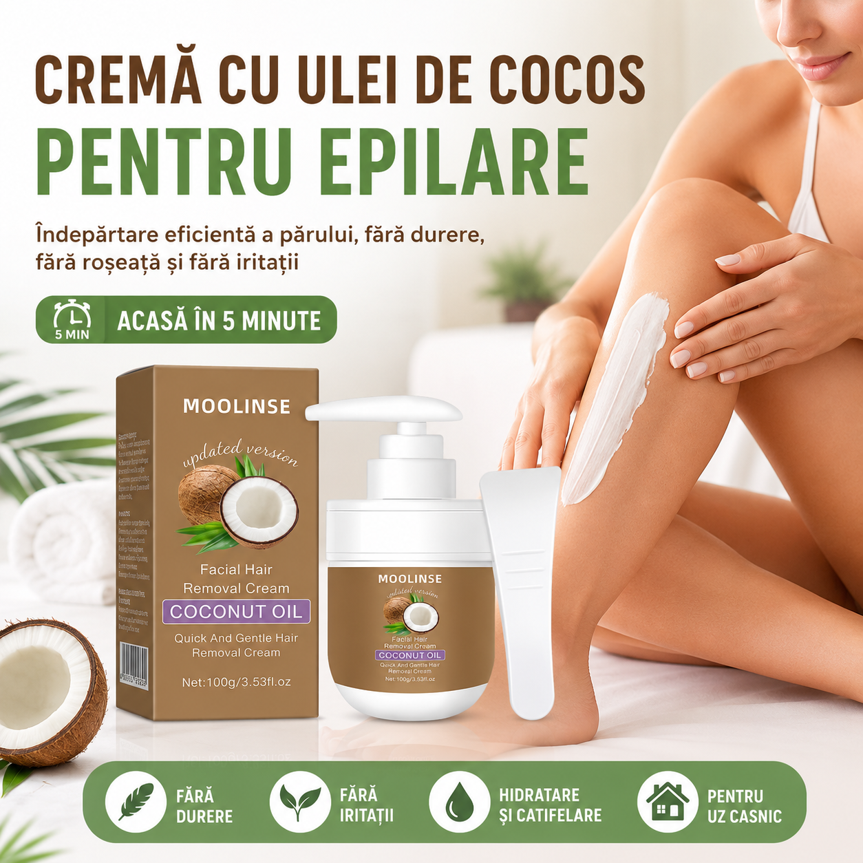 Crema cu Ulei de Cocos pentru Epilare — Îndepărtarea Părului Fără Durere, Fără Roșeață și Fără Iritații, Acasă în 5 Minute