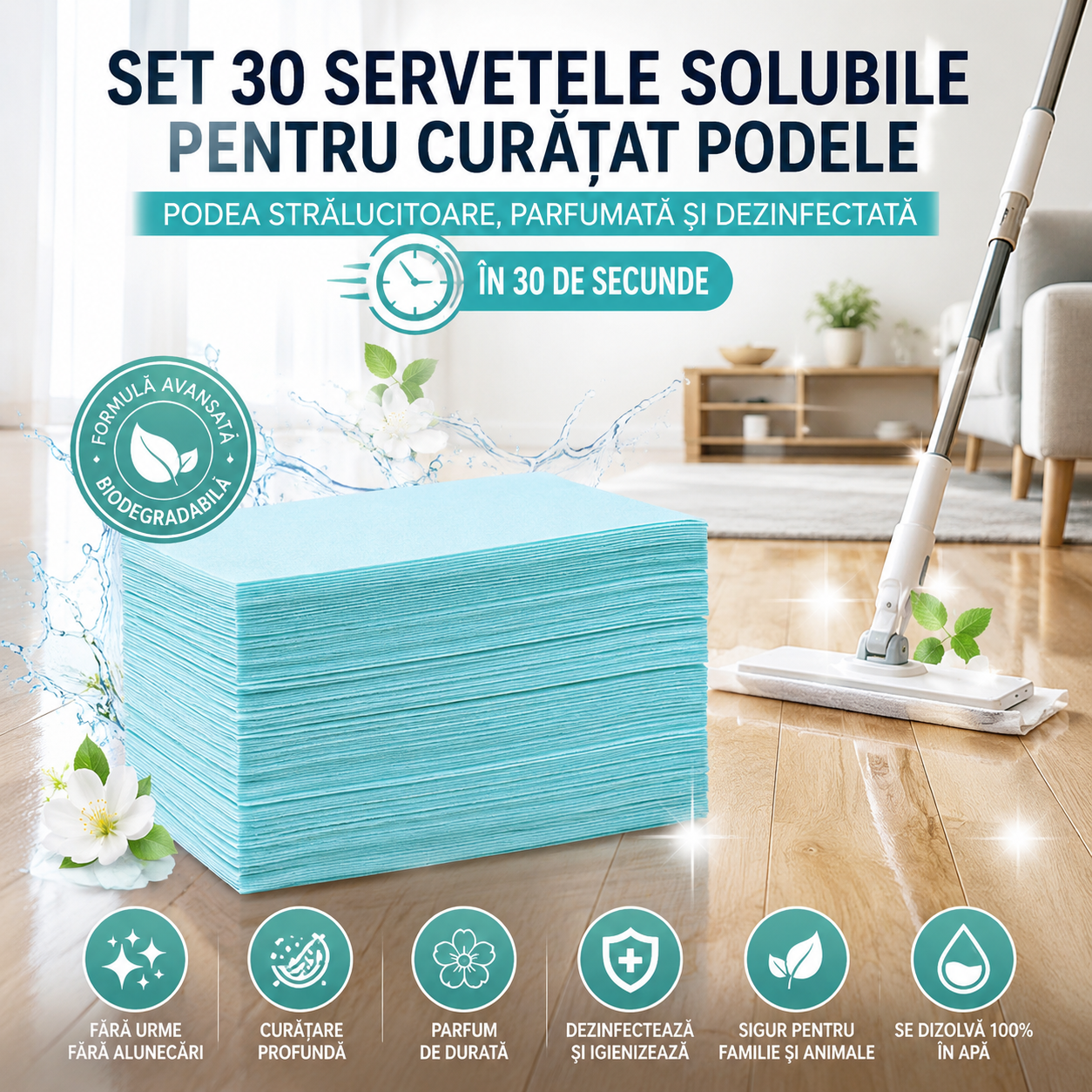 Set 30 Servetele Solubile pentru Curățat Podele — Podea Strălucitoare, Parfumată și Dezinfectată în 30 de Secunde