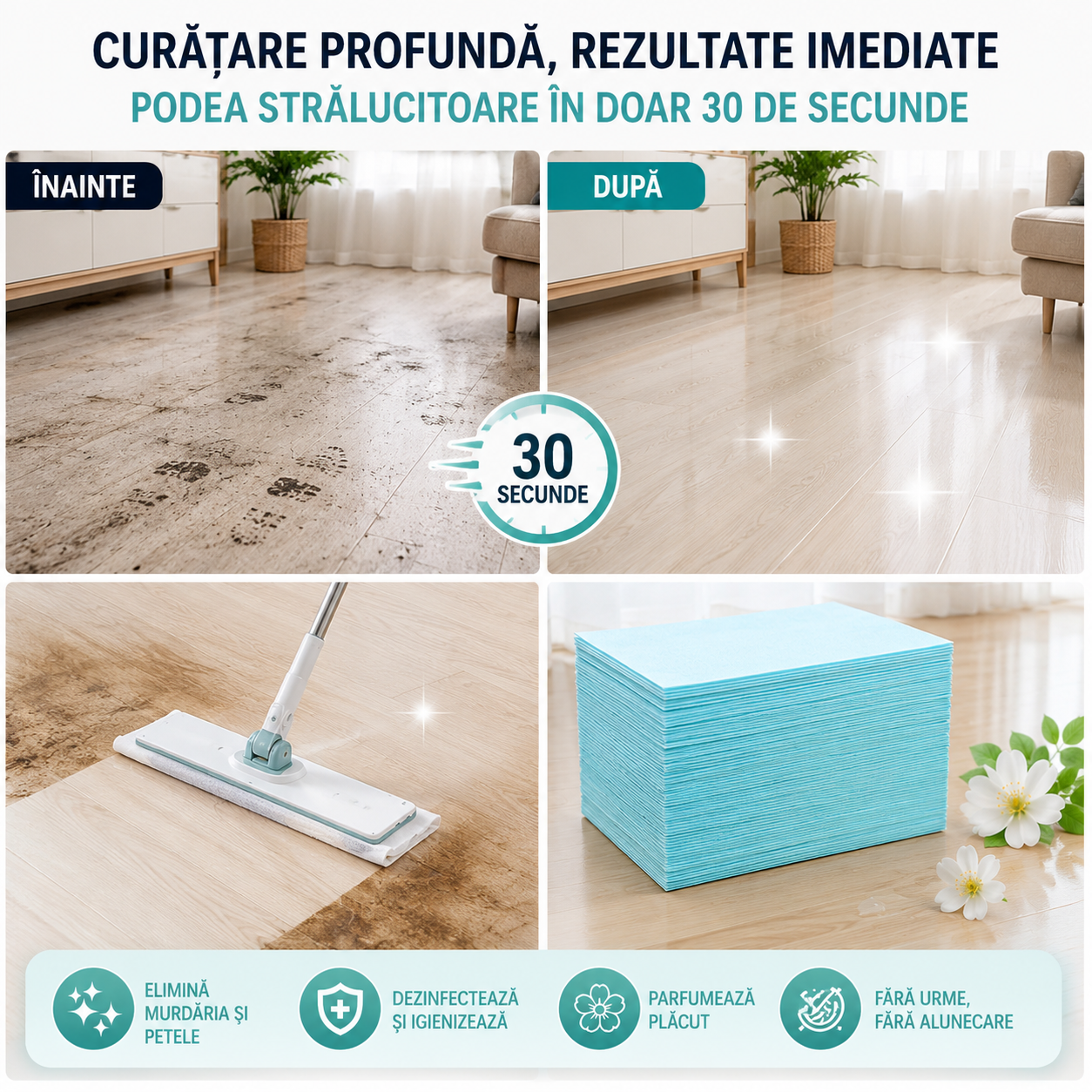 Set 30 Servetele Solubile pentru Curățat Podele — Podea Strălucitoare, Parfumată și Dezinfectată în 30 de Secunde