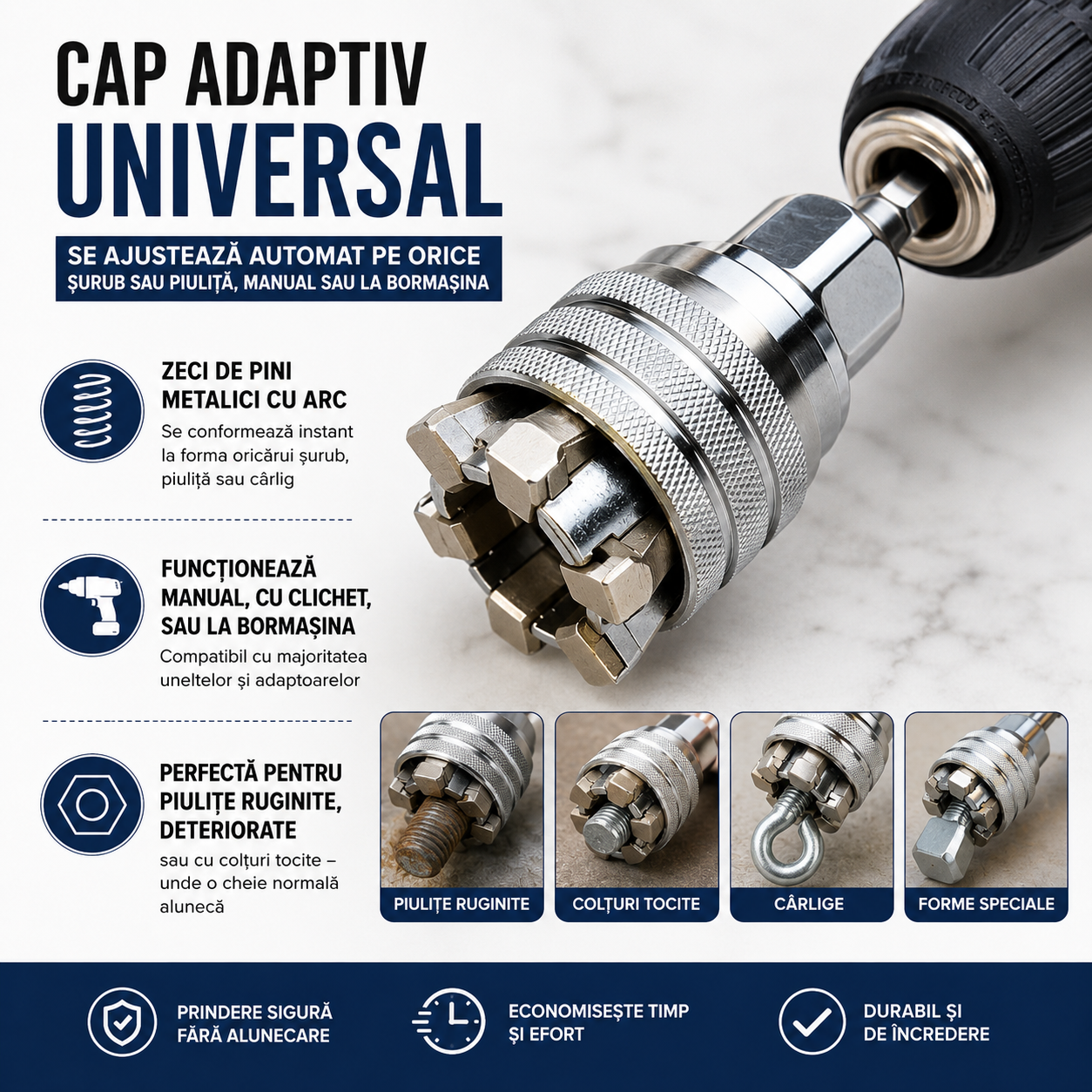 Cap Adaptiv Universal - Se Ajustează Automat pe Orice Șurub sau Piuliță, Manual sau la Bormaşina