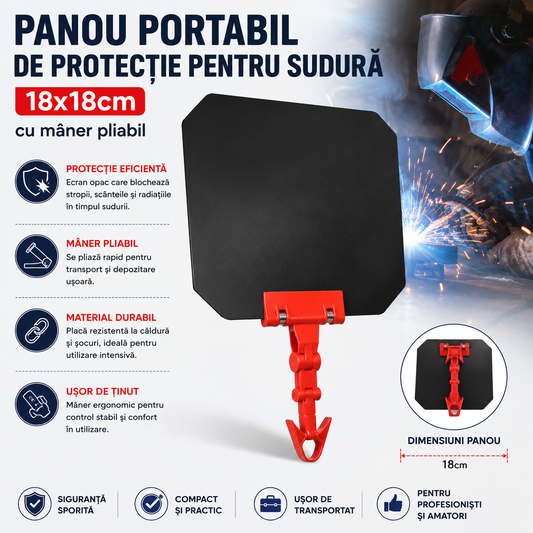 Panou Portabil de Protecție pentru Sudură — Protejează Ochii și Fața de Strălucire, Scântei și Fum, 18x18 cm
