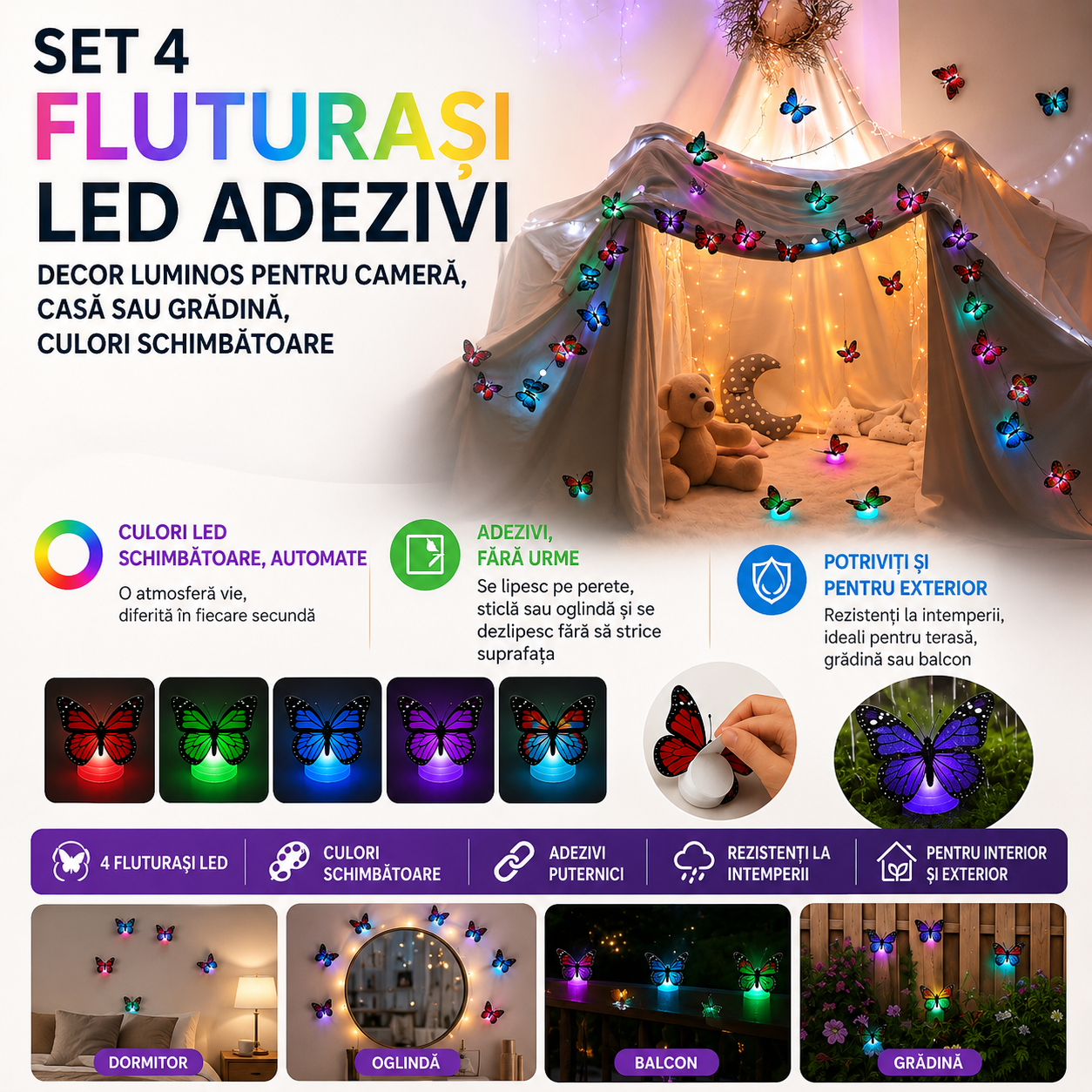 Set 4 Fluturași LED Adezivi — Decor Luminos pentru Cameră, Casă sau Grădină, Culori Schimbătoare