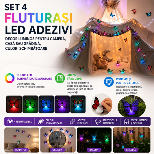 Set 4 Fluturași LED Adezivi — Decor Luminos pentru Cameră, Casă sau Grădină, Culori Schimbătoare