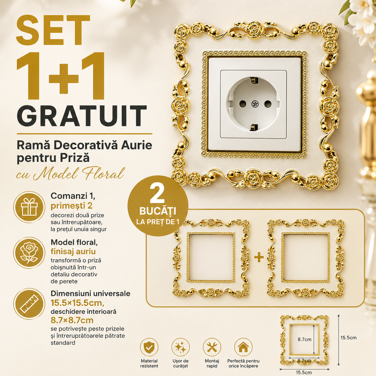 SET 1+1 GRATUIT — Ramă Decorativă Aurie pentru Prize si Intrerupatoare