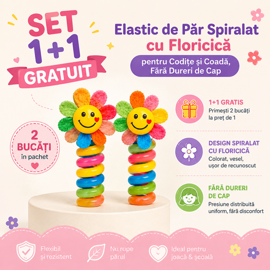 SET 1+1 GRATUIT — Elastic de Păr Spiralat cu Floricică, pentru Codițe și Coadă, Fără Dureri de Cap