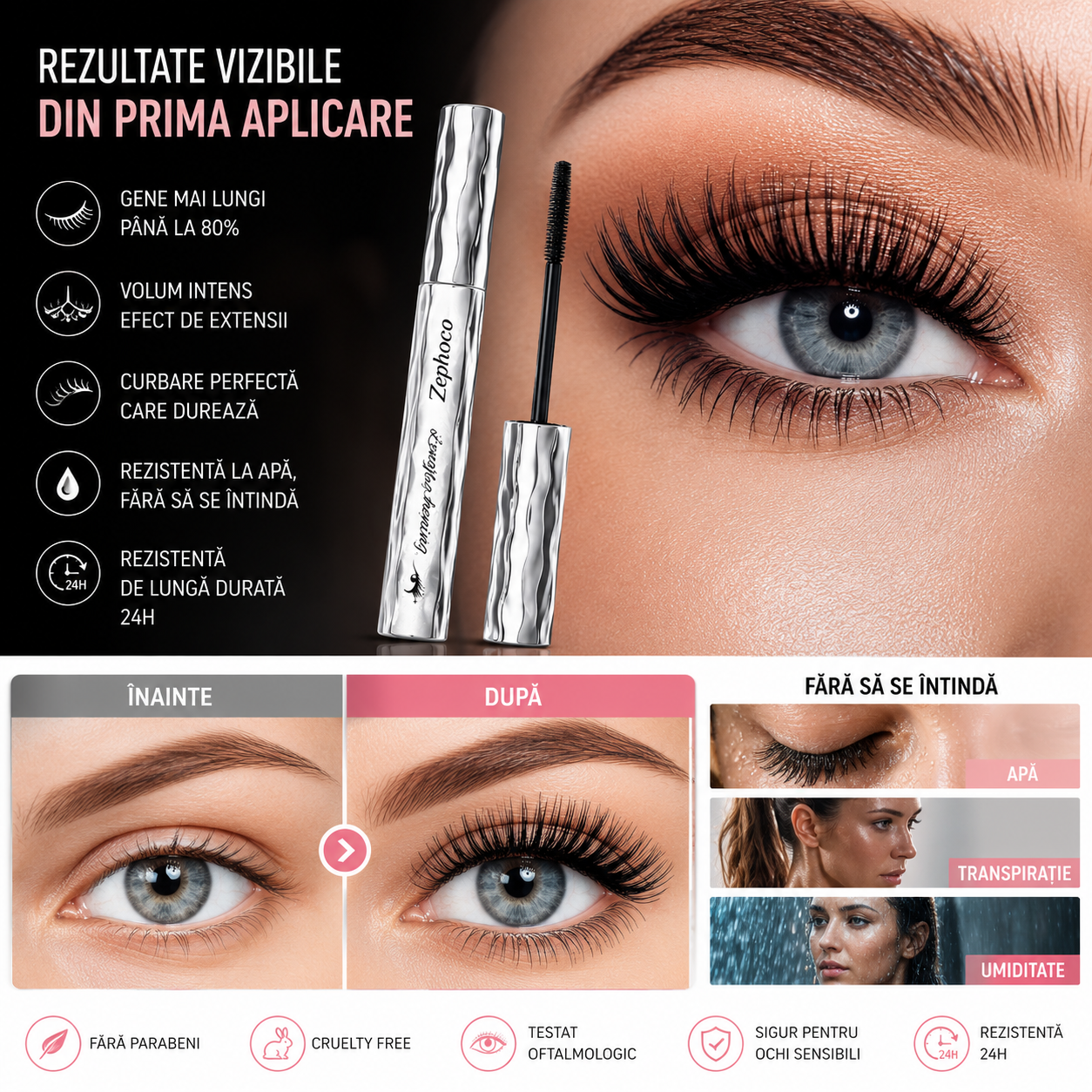 Mascara Premium — Gene Mai Lungi, Mai Voluminoase, Curbate și Rezistente, Fără să Se Întindă