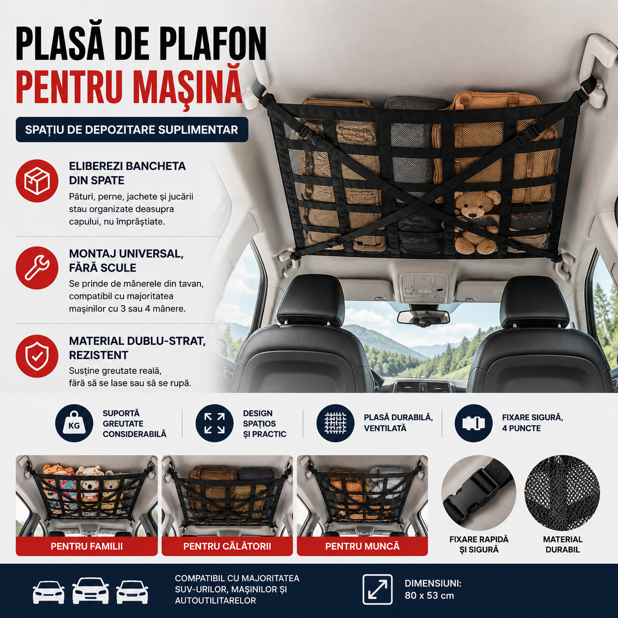 Plasă de Plafon pentru Mașină — Spațiu de Depozitare Suplimentar pentru SUV, Mașină sau Autoutilitară