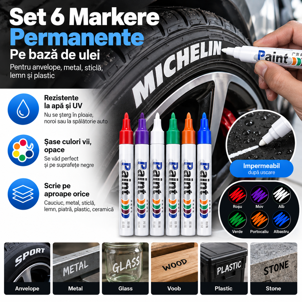 Set 6 Markere Permanente pe Bază de Ulei — Pentru Anvelope, Metal, Sticlă, Lemn și Plastic