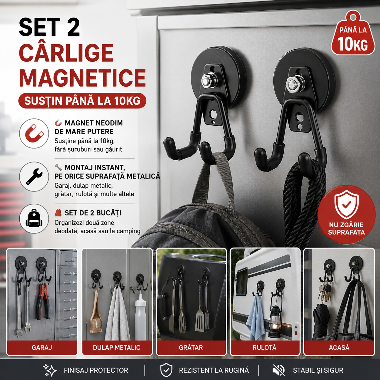 Set 2 Cârlige Magnetice Puternice — Susțin până la 10kg, Perfecte pentru Garaj, Camping și Casă